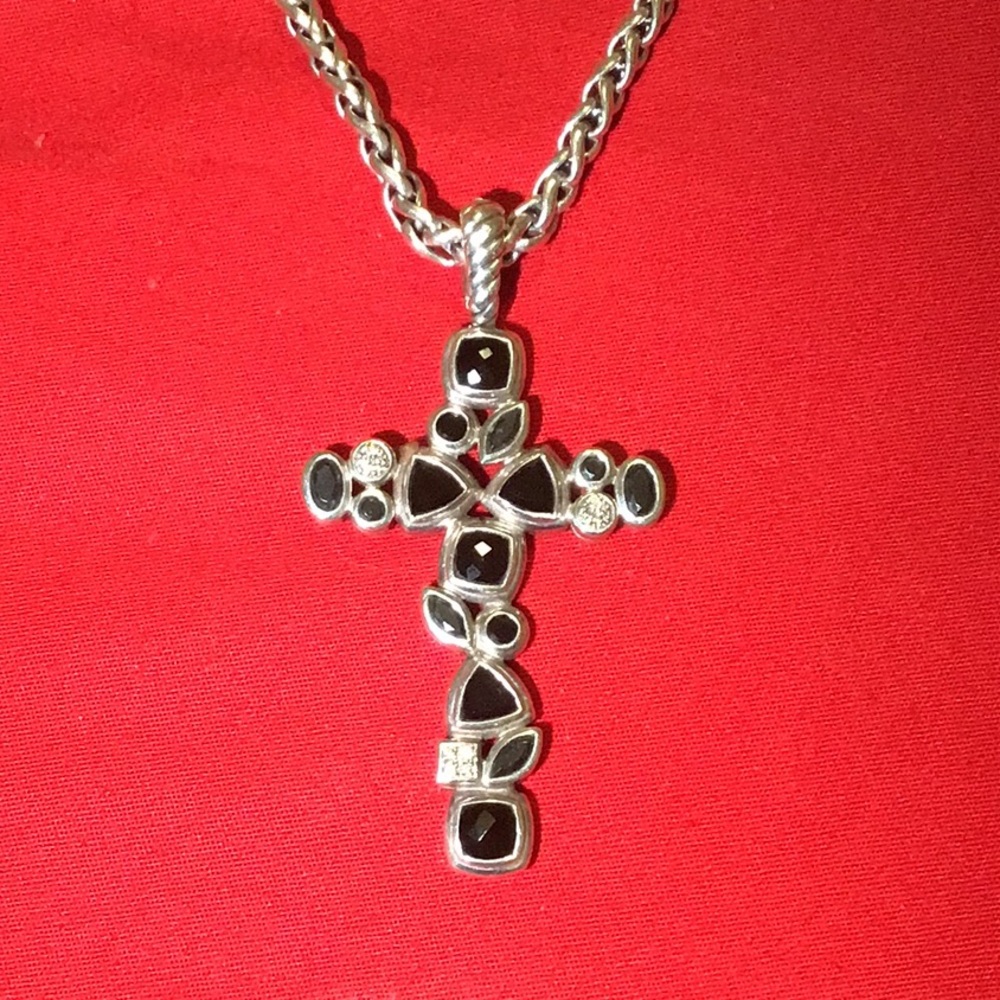 DAVID YURMAN BLACK ONYX, HEMATITE & DIAMOND CONFETTI CROSS NECKLACE